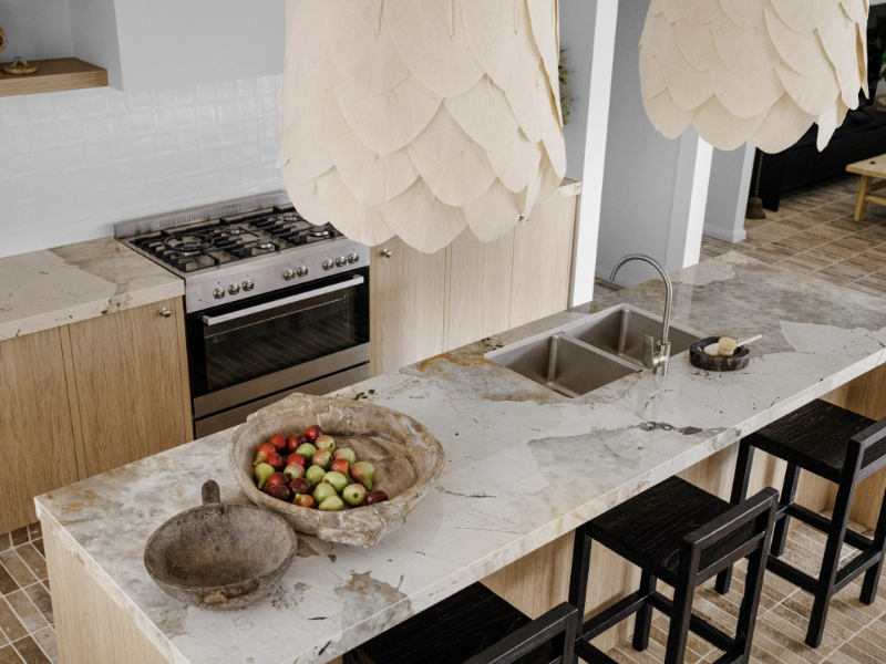 timber and marble kitchen with large oven