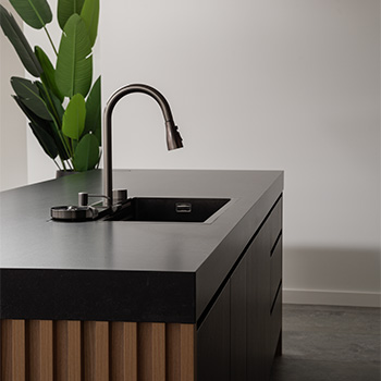 stunning black island with sink and pot plant